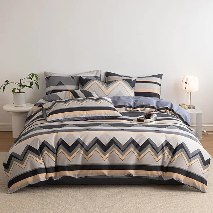 Detailed Boho Duvet Cover King Size Grey Cotton King Size Comforter Cover Neutral Soft Chevron Pattern Zipper Duvet Cover Set with Corner Ties Farmhouse Teen Boy Bedding Set Modern Duvet Protector Durable