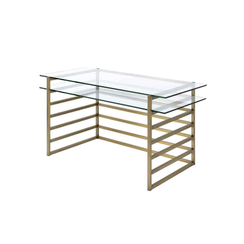 Powerful Shona - Writing Desk - Clear Glass Top amp Antique Gold Traditional