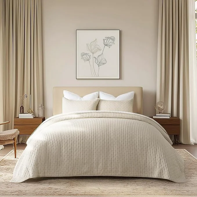 Powerful EVERGRACE Cross Stitch Pre-Washed Cotton Quilt Bedding Set King Size Oversized 3 Pieces Lightweight Bedspread Coverlet for All Season with 2 Matching Shams Flax Beige 108 quot x96 quot Environmentally Friendly