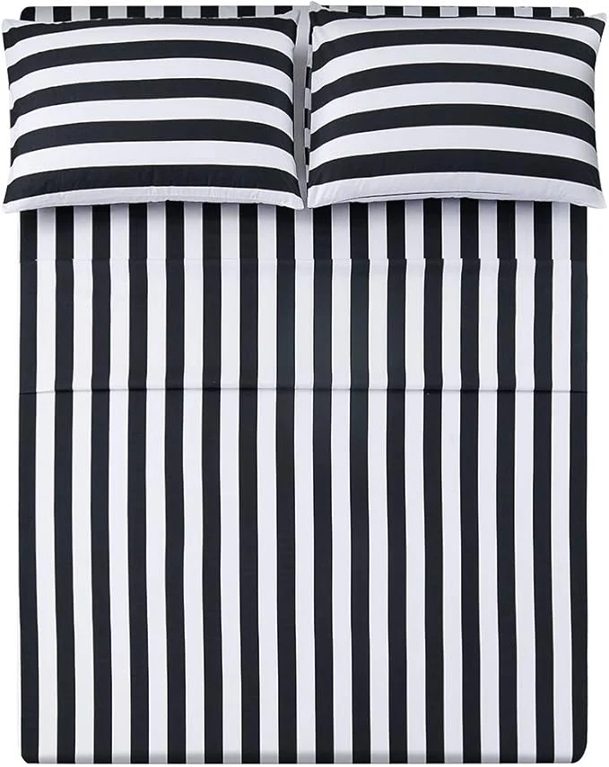 Selected Season Queen Size Stripe Sheet Set-4 Piece Super Soft Microfiber Bedding-Deep Pocket Stain Fade amp Wrinkle Resistant Black amp White Certified