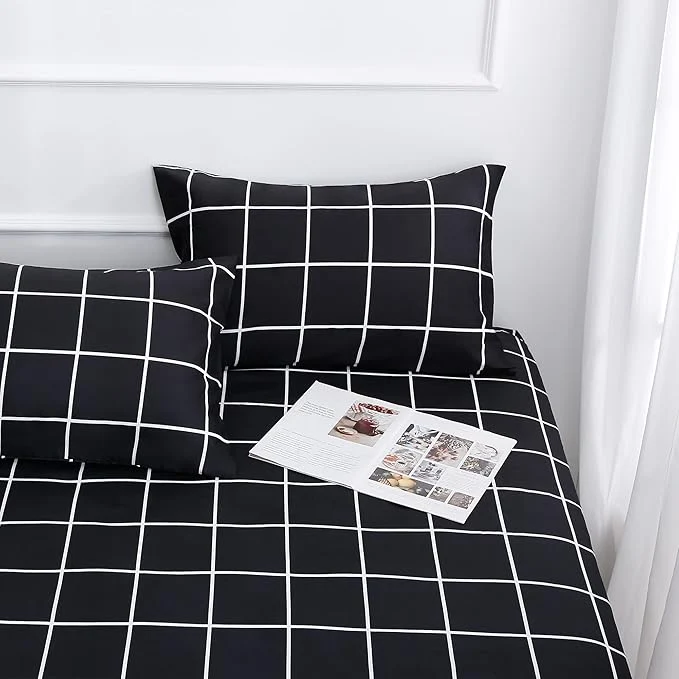 Minimalist Season Bed Sheet Set 4 Pieces -Queen Size-Soft Durable Microfiber Bedding Sheet Set Deep Pocket Stain Fade amp Wrinkle Resistant Plaid Black Trendy