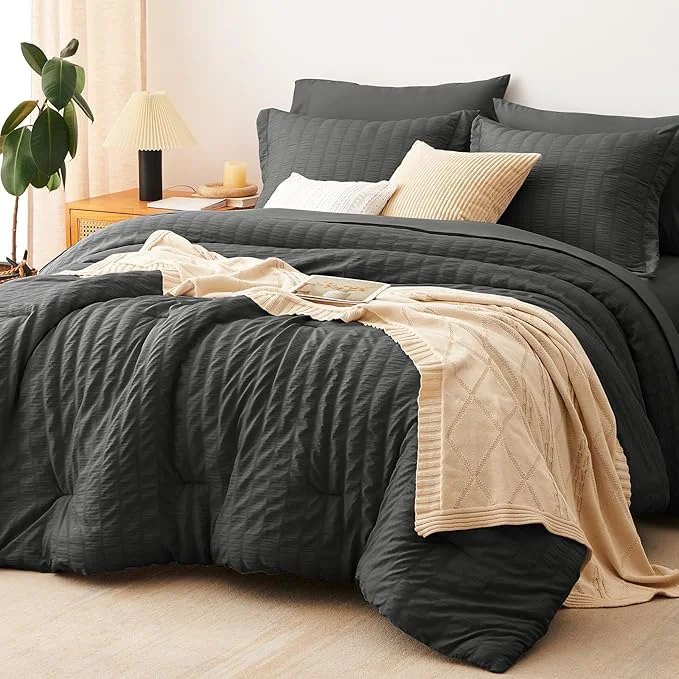 Professional CozyLux Full Size Comforter Sets with Sheets 7 Pieces Dark Grey Seersucker Bed in a Bag Textured Luxury Soft Dark Gray Bedding Set Down Comforter Sheets Pillowcases amp Shams All Seasons Authentic