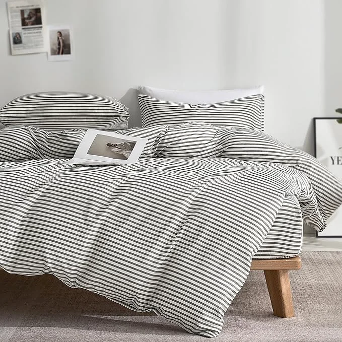 Soft JELLYMONI Duvet Cover Natural Cotton Printed Comforter Cover with Zipper Closure and Corner Ties Twin 66×92 Inch White Duvet Cover Set with Grey Stripes Pattern 2 Pcs Traditional