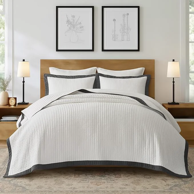 Environmentally Friendly EVERGRACE Cotton Border Frame Tack-Stitch Quilt Bedding Set King Size Coastal Oversized 3 Pieces Lightweight Bedspread Coverlet for All Season with 2 Matching Shams Washed Black Verified
