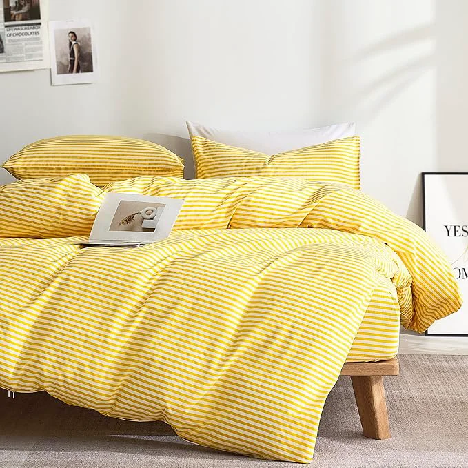Easy-to-Use JELLYMONI Natural Cotton 3pcs Striped Duvet Cover Sets Yellow with White Stripes Pattern Printed Comforter Cover with Zipper Closure amp Corner Ties Full Size Proven