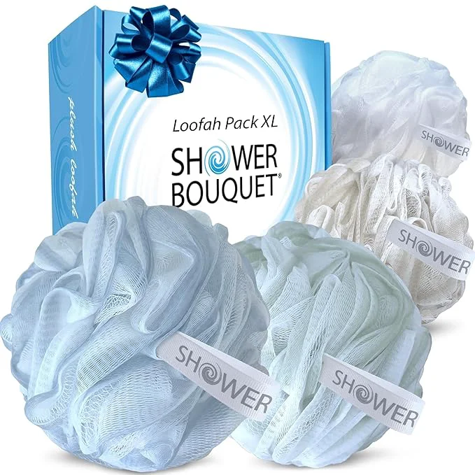 Environmentally Friendly SHOWER BOUQUET Loofah-Bath-Sponge XL Soft-Pastel-Colors 4-Pack Extra-Large User-Friendly