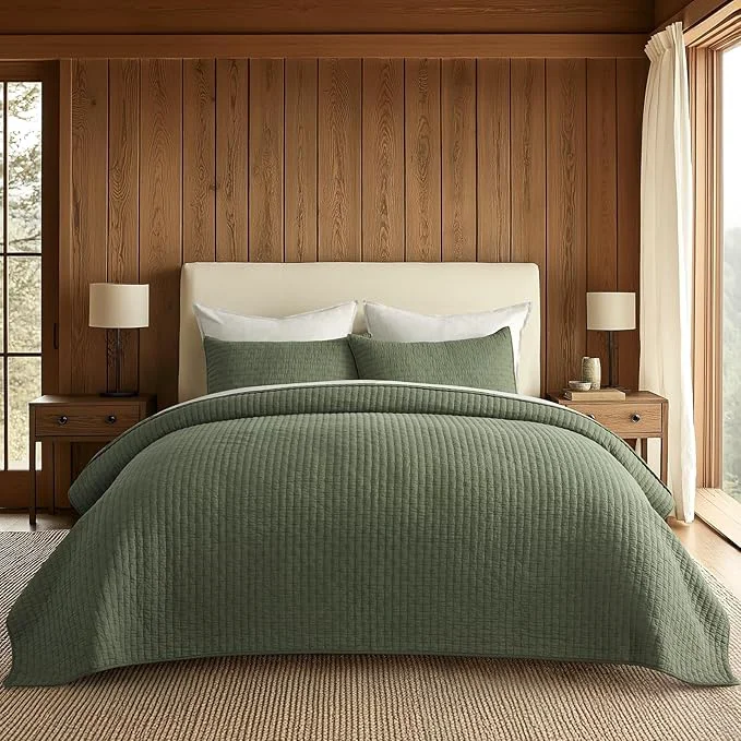 First-Class EVERGRACE Cross Stitch Pre-Washed Cotton Quilt Bedding Set King Size Oversized 3 Pieces Lightweight Bedspread Coverlet for All Season with 2 Matching Shams Olive Green 108 quot x96 quot Artisan