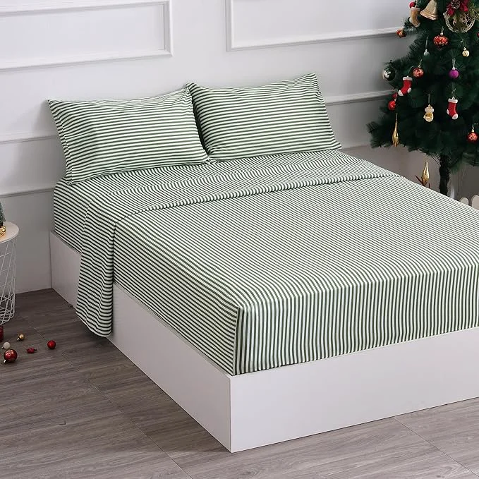 Fine Season Bed Sheet Set 4 Piece -Full Size-Soft Durable Microfiber Bedding Sheet Set Deep Pocket Stain Fade amp Wrinkle Resistant Green and White Pinstripe Stripe Grass Green Excellent