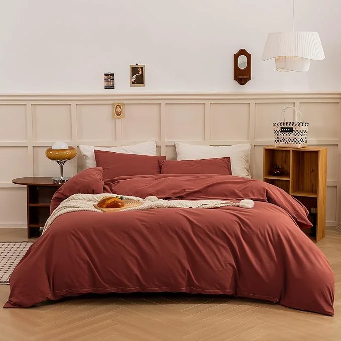 Exclusive ECOCOTT Duvet Cover Queen Size - Linen Feel Organic Natural Washed Cotton Soft Breathable 3 Pieces Bedding Set with Zipper Closure Burnt Brick Red Detailed