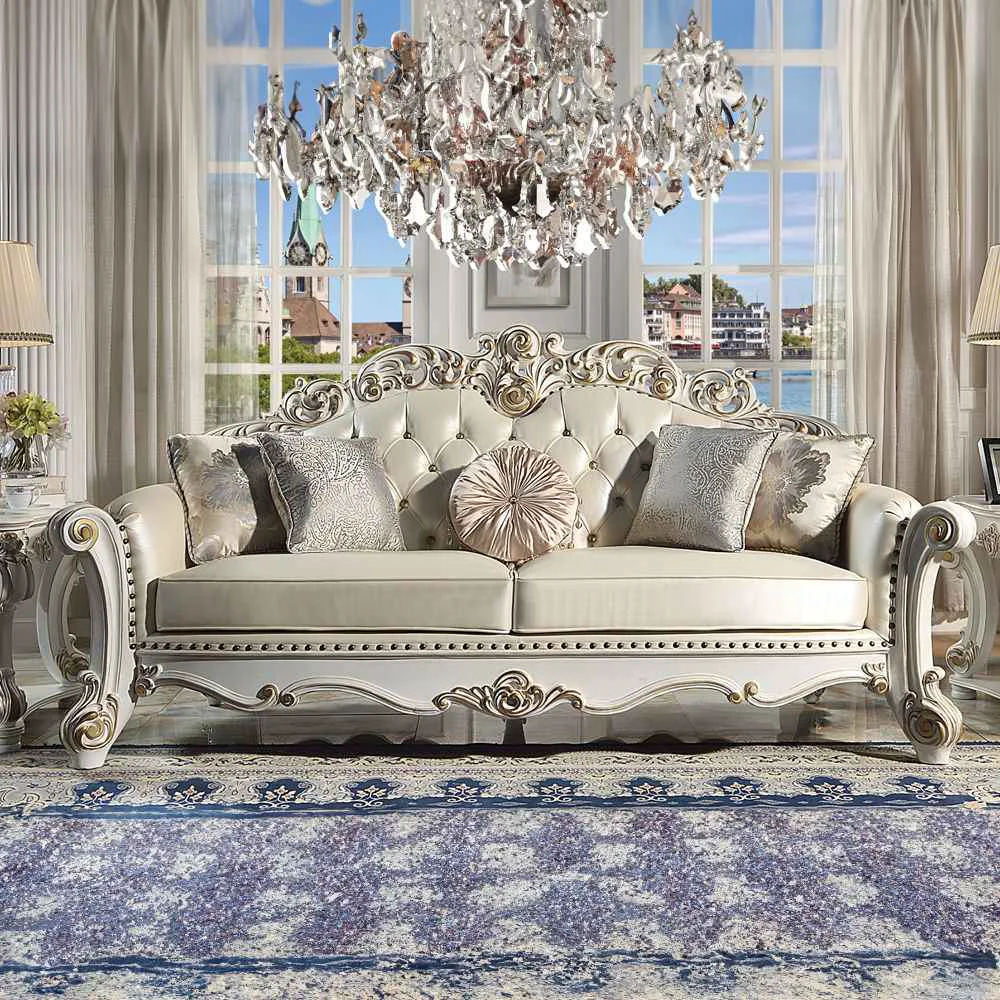 Fine Crafted Vendome - Sofa With 5 Pillows - Champagne Synthetic Leather amp Antique Pearl Flexible