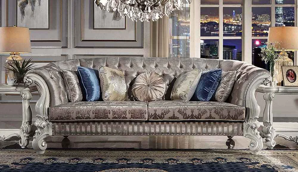 Fast Versailles - Sofa With 7 Pillows - Ivory Fabric amp Bone White High-Quality