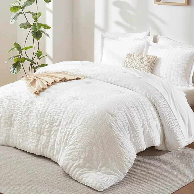 CozyLux Oversized Queen Comforter Set White Seersucker 7 Pieces 98x98 Bed in a Bag Comforter Set with Sheets Luxury Soft Bedding Sets with Down Comforter Sheets Pillowcases amp Shams Dependable