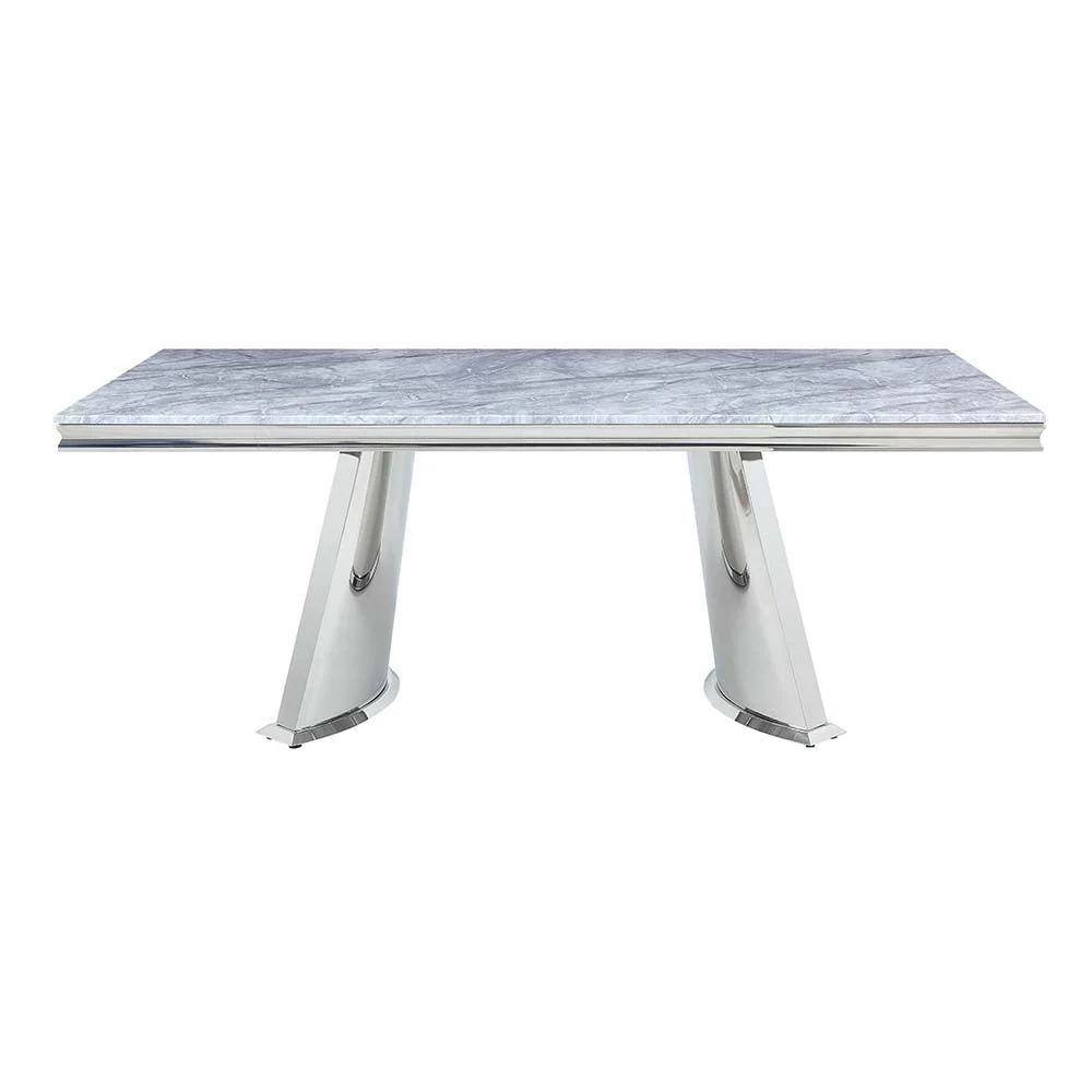 Solid Destry - Dining Table With Engineering Stone Top amp Pedestal Base - Engineering Stone Top amp Mirrored Silver Recyclable