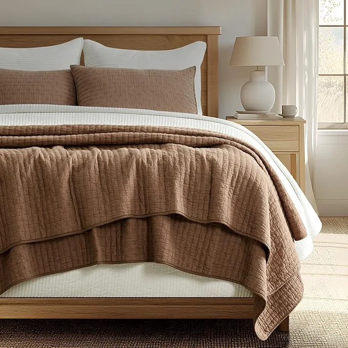 Easy-to-Use EVERGRACE Cross Stitch Pre-Washed Cotton Quilt Bedding Set King Size Oversized 3 Pieces Lightweight Bedspread Coverlet for All Season with 2 Matching Shams Camel Brown 108 quot x96 quot Organic