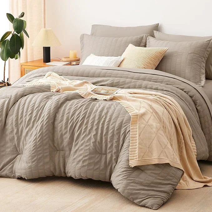 Stylish CozyLux Full Size Comforter Sets with Sheets 7 Pieces Khaki Seersucker Bed in a Bag Textured Luxury Soft Bedding Sets with Down Comforter Sheets Pillowcases amp Shams for All Season Functional