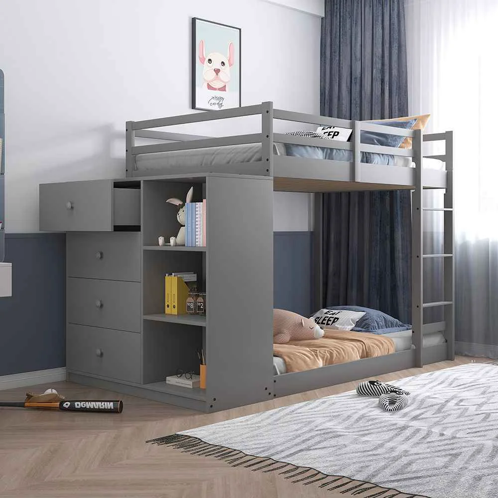 Minimalist Gaston - Twin Over Twin Bunk Bed With 4 Drawers amp 3 Compartments - Gray Responsible