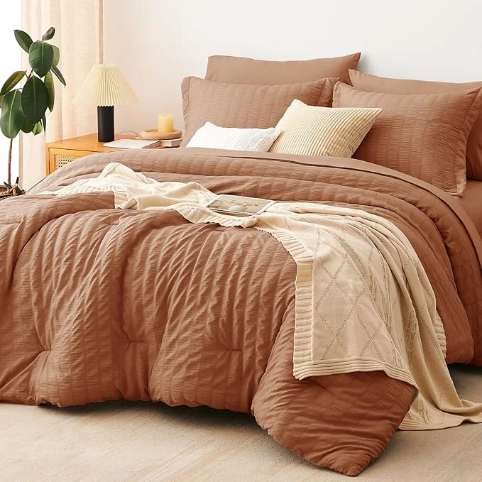 Fine Crafted CozyLux King Size Comforter Set Pumpkin Seersucker 7 Pieces Bed in a Bag King Comforter Set with Sheets Luxury Soft Bedding Set with Down Comforter Sheets Pillowcases amp Shams All Season Solid