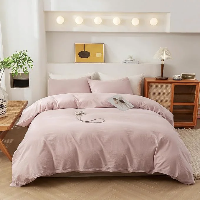 Powerful ECOCOTT Duvet Cover Set Washed Cotton Linen-Like Soft amp Breathable Durable Comfy Bedding Set for All Seasons Twin Size Greyish Pink Unique