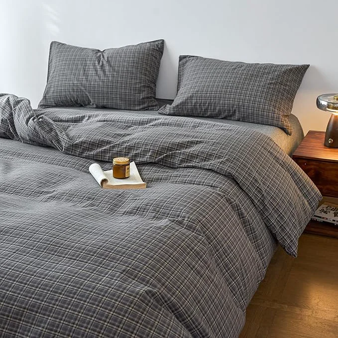 Plaid Queen Size Duvet Cover Grey Washed Cotton Comforters Queen Size Cover Patterned Soft Checkered Boho Duvet Cover Set with Hidden Zipper Vintage Cute Bedding Set Farmhouse Duvet Protector Durable