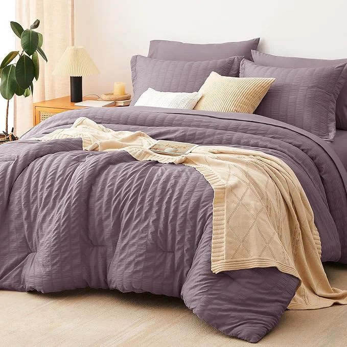 Selected CozyLux Full Size Comforter Sets with Sheets 7 Pieces Dusty Purple Seersucker Bed in a Bag Textured Luxury Soft Grayish Purple Bedding Set with Down Comforter Sheets Pillowcases amp Shams Advanced