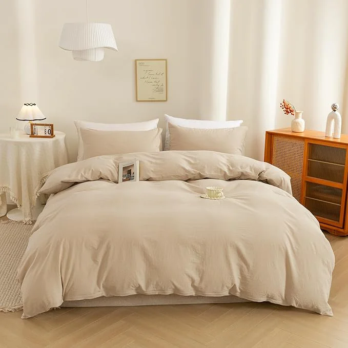 Optimized ECOCOTT Duvet Cover King Size Washed Cotton 1 Duvet Cover with Zipper and 2 Pillowcases Ultra Soft and Easy Care Breathable Cozy Simple Style Bedding Set Khaki King Organic