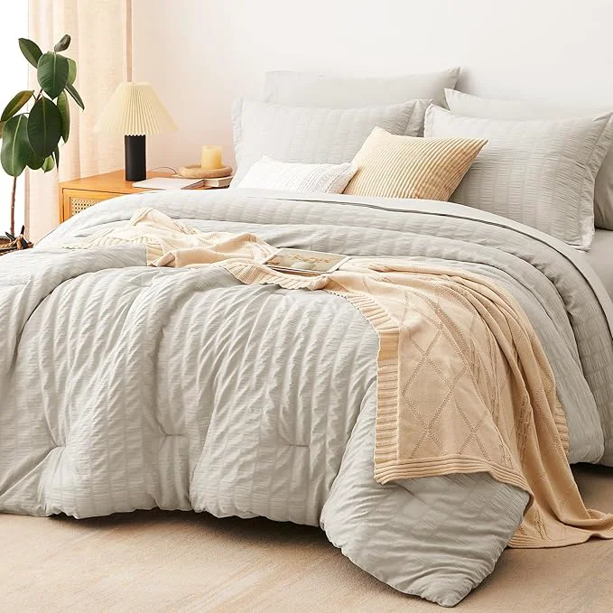 CozyLux California King Comforter Set with Sheets 7 Pieces Beige Seersucker Bed in a Bag Cal King Luxury Soft Bedding Sets with Down Comforter Sheets Pillowcases amp Shams for All Season