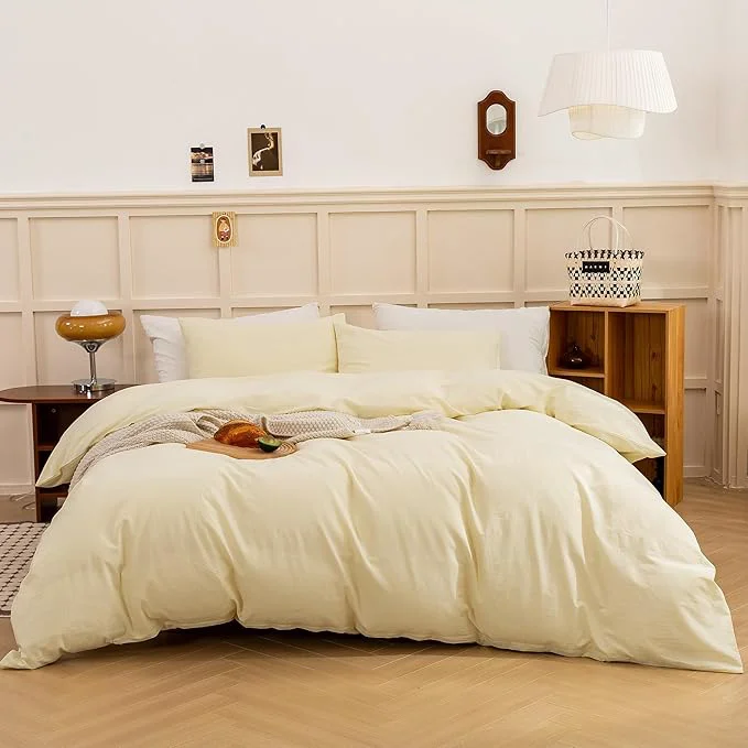 Excellent ECOCOTT Duvet Cover King Size Washed Cotton Linen-Like Soft amp Breathable Durable Comfy Bedding Set for All Seasons Light Yellow Dependable