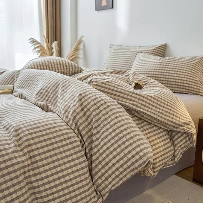Practical Gingham Full Size Duvet Cover Set Grey Washed Cotton Full Size Comforter Cover Checkered Boho Patterned Vintage Duvet Cover Set with Hidden Zipper Plaid Teen Bedding Set Cute Duvet Protector First-Class