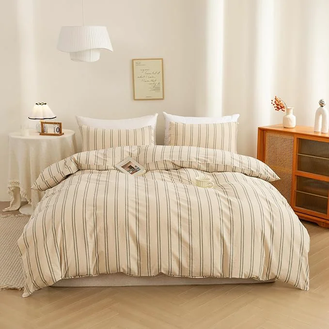 Next-Generation ECOCOTT Duvet Cover California King Size - Linen Feel Organic Natural Washed Cotton Soft Breathable amp Durable Bedding Set Comfy Stripe Design for All Seasons