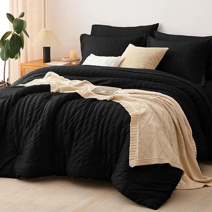 Modern CozyLux Full Size Comforter Sets with Sheets Seersucker 7 Pieces Black Bed in a Bag Textured Luxury Soft Bedding Set with Down Comforter Sheets Pillowcases amp Shams for All Seasons Refined