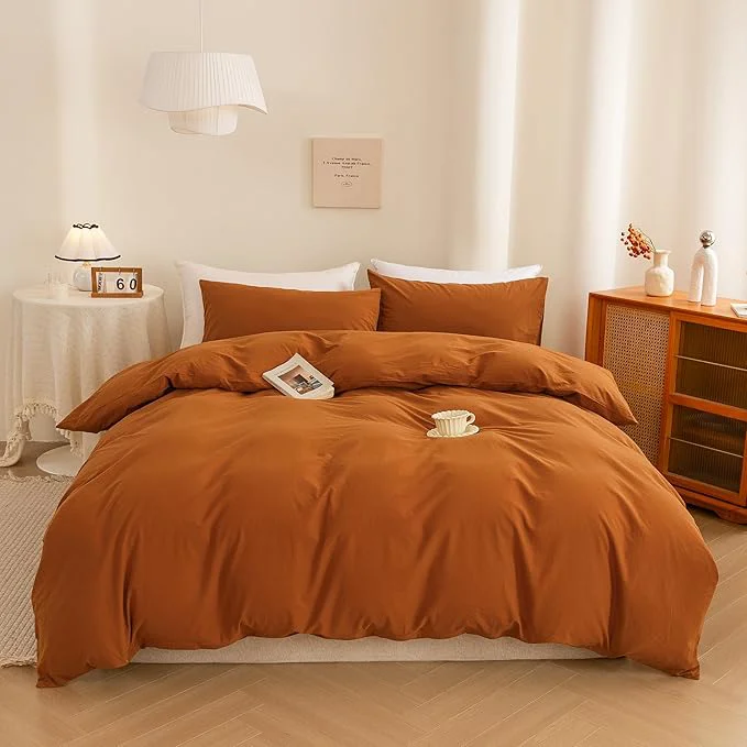 Verified ECOCOTT Washed Cotton Duvet Cover Twin Size – Soft amp Breathable Linen Feel Bedding Set 3 Pieces Orange Comforter Cover with Zipper Closure for All Seasons Clean
