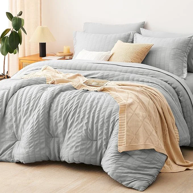Classic CozyLux Queen Comforter Set Light Grey Seersucker 7 Pieces Bed in a Bag Queen Comforter Set with Sheets Light Gray Luxury Soft Bedding Set with Down Comforter Sheets Pillowcases amp Shams Environmentally Friendly