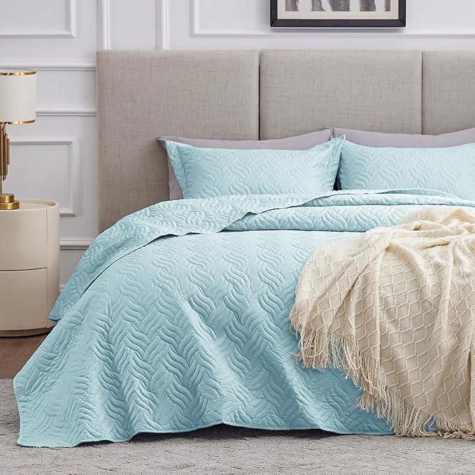 Powerful Love 39 s cabin California King Size Quilt Bedding Set Light Blue Bedspread - Cal King Summer Lightweight Bedspread Comforter - Wave Pattern Coverlet for All Season - 3 Pieces 1 Quilt 2 Pillow Shams Consistent