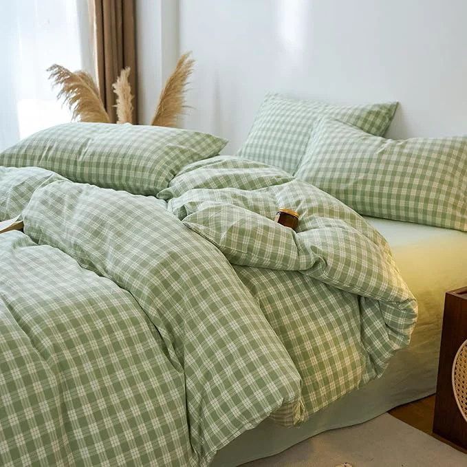 Organic Green Gingham Duvet Cover Set Twin XL Washed Cotton Boho Comforter Cover Twin XL Soft Cute Farmhouse Plaid Duvet Cover Set with Hidden Zipper Chic Teen Bedding Set Checkered Duvet Protector Relaxed