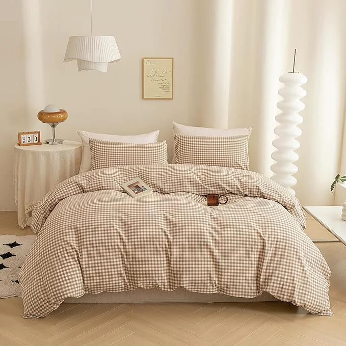 Clean ECOCOTT Gingham Duvet Cover King Size Washed Cotton Like Linen Feel Super Soft amp Comfy Bedding Set Modern Checkered Design for All Seasons Premium