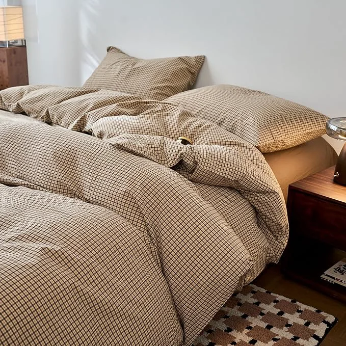 Relaxed Gingham Duvet Full Size Cover Beige Boho Comforter Cover Full Size Washed Cotton Plaid Checkered Farmhouse Duvet Cover Set with Hidden Zipper Neutral Teen Bedding Set Soft Duvet Protector Modern