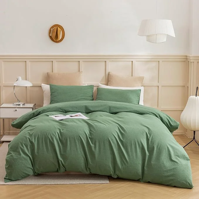 Lightweight ECOCOTT Sage Green Duvet Cover Queen Size 3 Piece Washed Cotton 1 Duvet Cover with Zipper and 2 Pillowcases Ultra Soft and Easy Care Breathable Cozy Bedding Set Sage Green Queen Professional