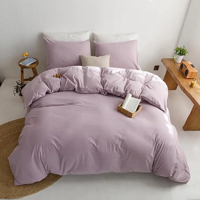 High-Grade ECOCOTT Light Purple Duvet Cover Queen Size - Washed Cotton Durable Soft Comfy Duvet Cover Set 3 Pieces Duvet Cover with Zipper Closure Light Purple 90 39 39 x90 39 39 Functional