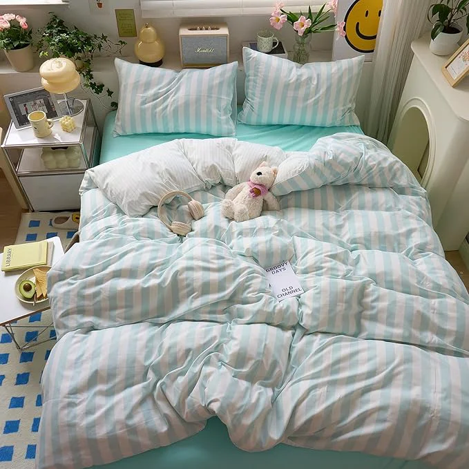 Traditional Sky Blue Striped Duvet Covers Twin XL Soft Boho Comforter Cover Twin XL Stripes Chic Aesthetic Farmhouse Duvet Cover Set with Zipper College Dorm Bedding Washed Microfiber Duvet Protector Modern