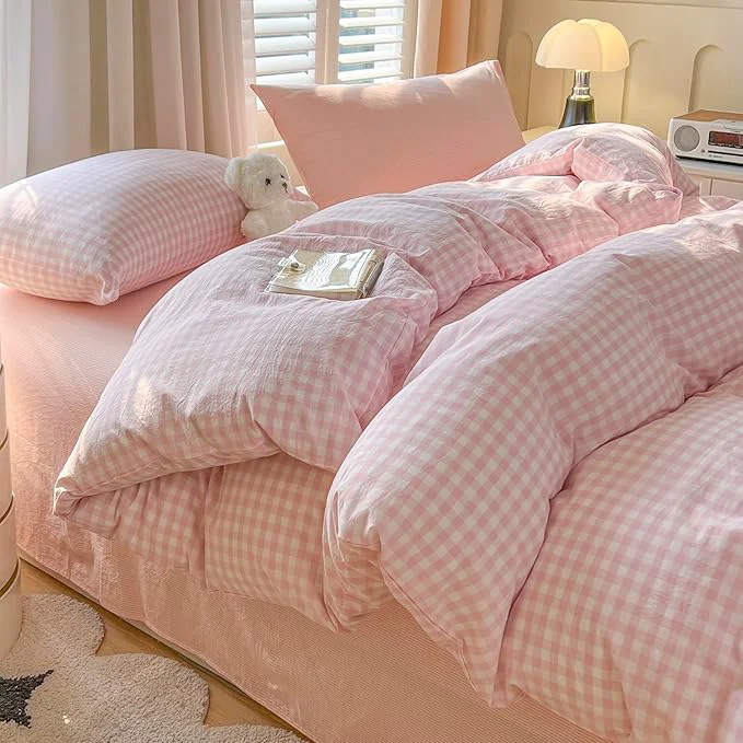 Top-Quality Pink Gingham Duvet Cover King Washed Cotton Plaid Comforter Cover King Size Boho Cute Farmhouse Soft Duvet Cover Set with 2 Pillowcases Cottage Core Zipper Bedding Set for Girls Duvet Protector Stylish