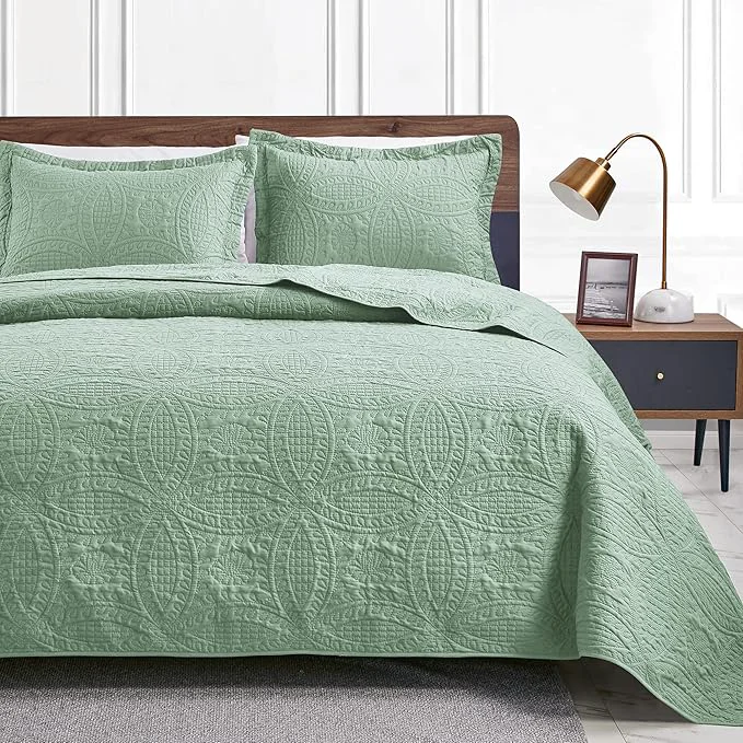 Recyclable Love 39 s cabin Quilts for Queen Bed Sage Bedspreads - Soft Bed Summer Lightweight Bedspread Comforter - Modern Style Coin Pattern Coverlet for All Season - 3 Pieces 1 Quilt 2 Pillow Shams Solid