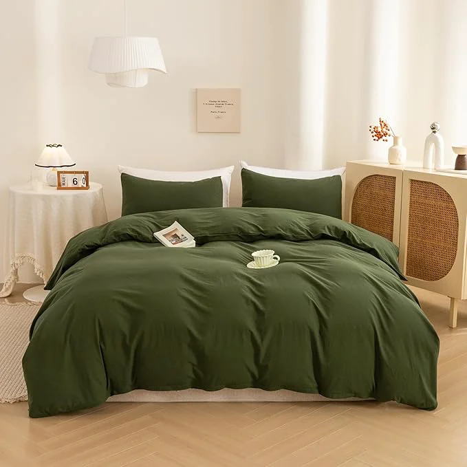 High-Performance ECOCOTT 3 Pieces Duvet Cover Set Full Size Washed Cotton 1 Cover with Zipper and 2 Pillowcases Ultra Soft and Easy Care Breathable Cozy Simple Style Bedding Set Avocado Green Versatile