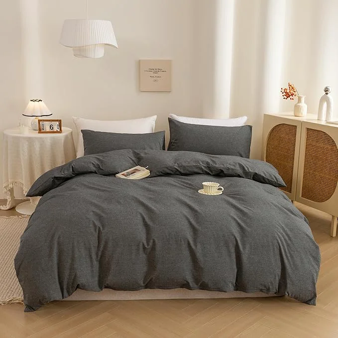 Easy-to-Use ECOCOTT Grey Duvet Cover Oversized King Size - Washed Cotton Durable Soft Comfy Duvet Cover Set 3 Pieces Duvet Cover with Zipper Closure Dark Grey 120 quot x 98 quot Traditional