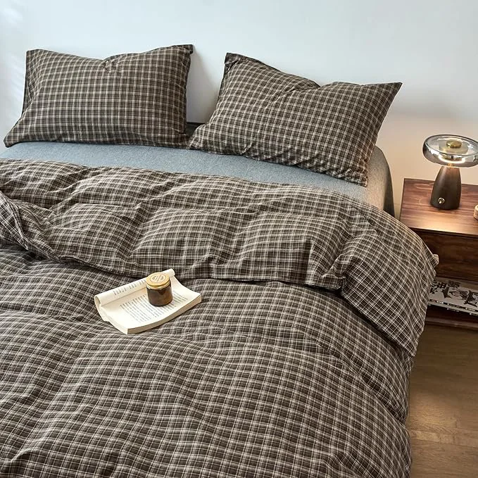 Fine Crafted Plaid Duvet Cover Twin Size Brown Washed Cotton Comforter Cover Twin Size Soft Boho Pattern Taupe Duvet Cover Set with 2 Pillow Cases Checkered Zipper Bedding Set Farmhouse Duvet Protector High-Quality