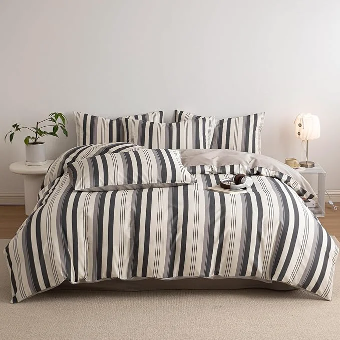Consistent Striped Full Duvet Cover Off White Charcoal Gray Full Size Comforter Cover Cotton Boho Patterned Soft Duvet Cover Set with Hidden Zipper Vertical Stripe Bedding Set Farmhouse Duvet Protector Outstanding