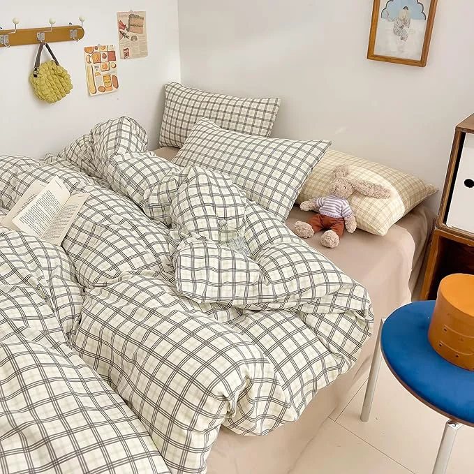 Sustainable Plaid Twin Duvet Cover Set Cotton Double Gauze Twin Comforter Cover Boho Vintage Grey Zipper Duvet Cover Set with 2 Pillow Cases Farmhouse Gray Bedding Set Cute Duvet Protector Elite
