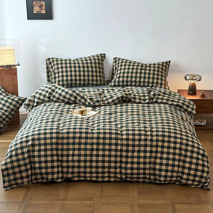 Functional Checkered Duvet Queen Cover Dark Green Washed Cotton Queen Size Comforter Cover Boho Gingham Buffalo Plaid Zipper Duvet Cover Set with Corner Ties Pattern Boys Bedding Set Chic Duvet Protector Smooth