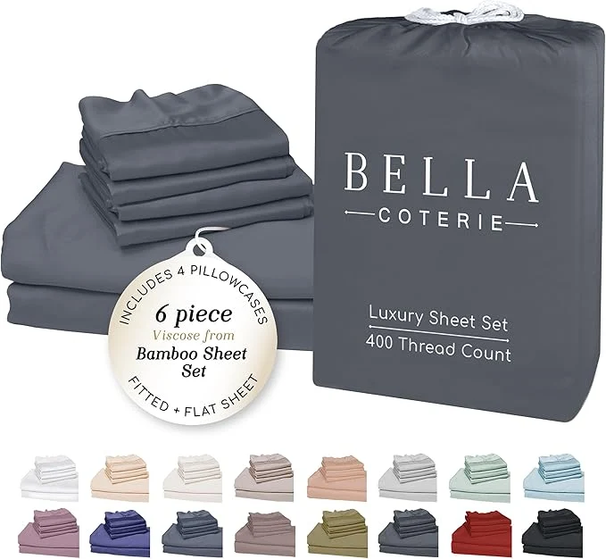 Clean Bella Coterie 6 Piece Luxury Bamboo Viscose Split Top King Size Sheet Set 34 quot Split for Adjustable Beds Organically Grown Cooling 18 Deep Pocket 4 Pillowcases Charcoal Grey High-End