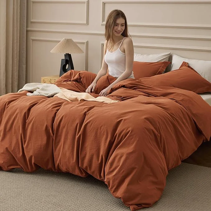 Recyclable Bedsure Washed Cotton Duvet Cover Queen Size - Burnt Orange Minimalist Bedding Set Linen Like - PureWoven Plain Simple amp Soft Comforter Cover for All Seasons Burnt Orange Queen 90 quot x90 quot Flexible