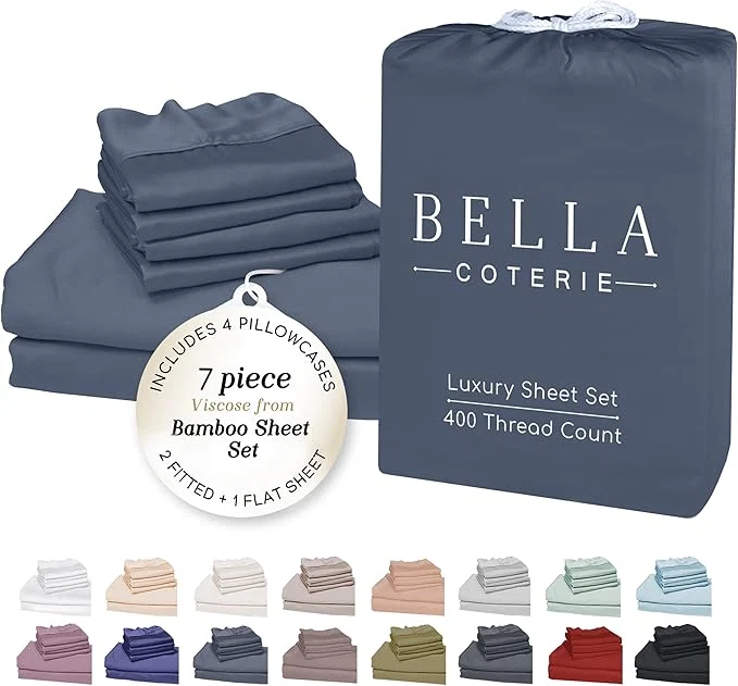 Easy-to-Use Bella Coterie 7 Piece Luxury Bamboo Viscose Split King Size Sheet Set 2 Fitted Sheets for Adjustable Beds Organically Grown Cooling for Hot Sleepers 4 Pillowcases Slate Blue Comfortable